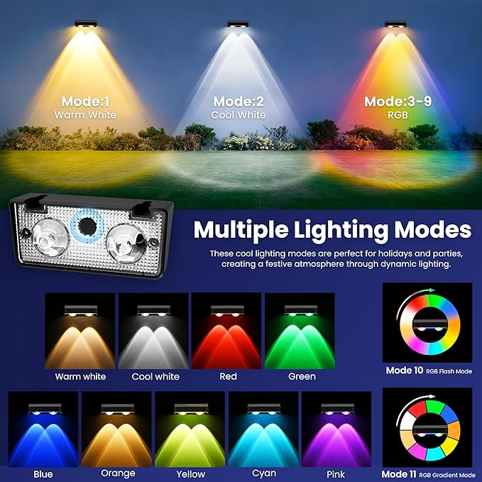 Solar Fence Lights Outdoor,50 LM 11 Modes & 9 Colors Solar Lights with Brighter LED Focus Lens Waterproof IP65 for Wall Backyard Deck Patio Porch Step Railings Pool Decor（4 Pack）