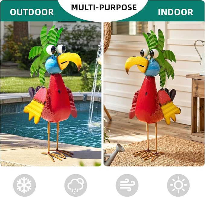 30" Tiki Bird Decor, Large Weatherproof Metal Parrot Yard Art | Handcrafted cartoon parrot with ground stake. For patio, lawn, balcony & indoor. Tropical party decor & unique gift ideal