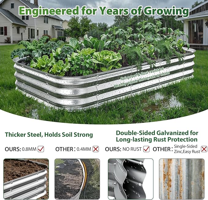 Galvanized Raised Garden Bed 4x4 ft, Heavy Duty Metal Planter Box for Vegetables, Flowers & Herbs, 12" Raised Outdoor Modular Gardening Bed, Above Ground Growing Container, Easy Assembly, Silver