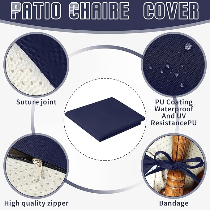 Tudomro 2 Pcs Outdoor High Back Chair Cushion Covers (Not Includes Cushion) Waterproof Patio Replacement Rocking Chair Slipcover Seat Pad Cover with Tie for Furniture (Navy Blue,44'' X 21'')