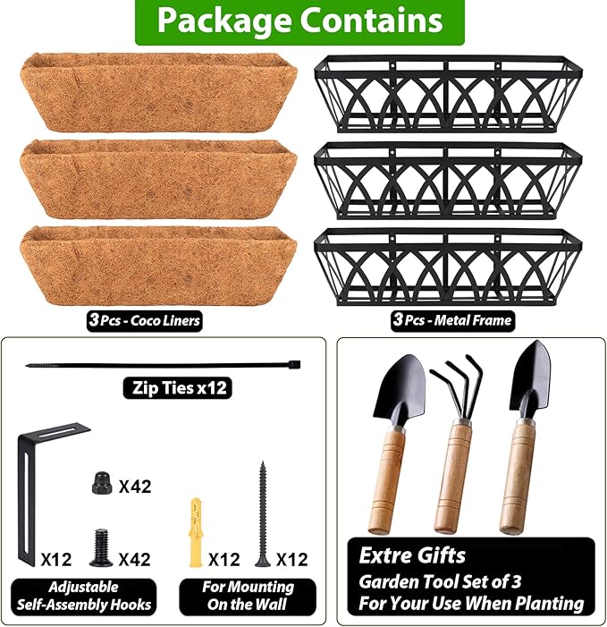 HKZ Deck Balcony Railing Planter Window Boxes - 3 Pack 24 Inch Planter Box, Balcony Planters Railing Hanging, Window Boxes Outdoor Fence Planters