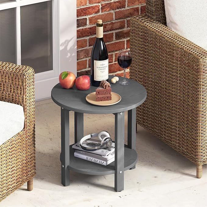 HDPE Outdoor Side Table for Patio, 18.1-Inch Weatherproof Small Outdoor Table for Adirondack, 2-Tier Round End Table for Garden Backyard Porch Deck Balcony Poolside (Grey)