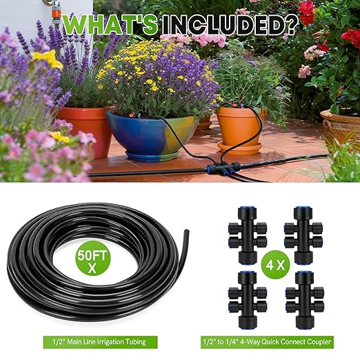 Snowtaros 50FT 1/2" Drip Irrigation Tubing with 4 Packs 4-Way Quick Coupler, Push-to-Connect Fittings for Garden Watering System, for Raised Beds, Garden, Greenhouse, Lawn
