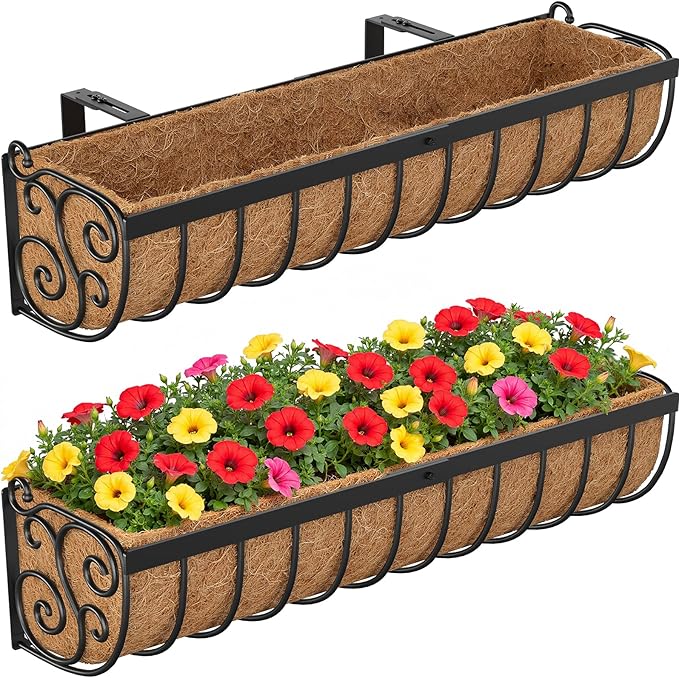 VOXOR Railing Planter Boxes, 30 Inch Window Boxes Planters, Balcony Planters with Adjustable Brackets & Coco Liner for Outdoor Fence, Deck, Porch, and Patio Gardening, 2 Pack