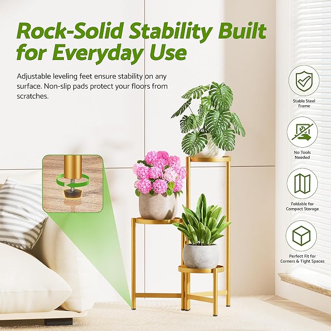 3 Tiered Plant Stand Indoor for Multiple Large Planter, Tall Heavy Duty Adjustable Folding Rack with Rustproof 7.9 Inch Wide Tray, Gold Plant Shelf for Corner Living Room - GoldDisk