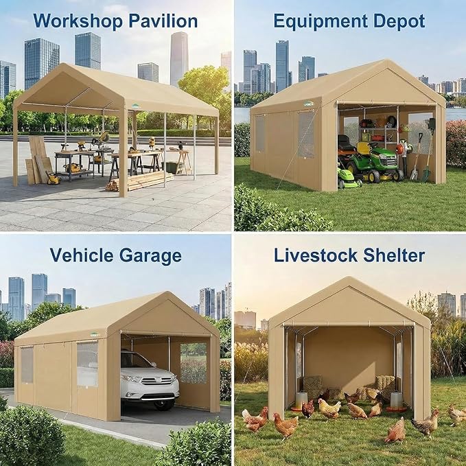 COBIZI 10x20 FT Heavy Duty Carport with Galvanized Frame, Carport Canopy with Roll-up Windows, Storage Tent with Removable Sidewalls & Doors, Built-in Sandbags for Car, Boat, Truck, Khaki
