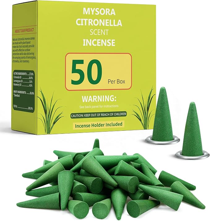 50 Pcs Mosquito Repellent Incense Cones with 2 Metal Dishes, Natural Citronella Incense Cone for Outdoor & Indoor, Suitable for Camping, Hiking, Patio, Poolside, Living Room