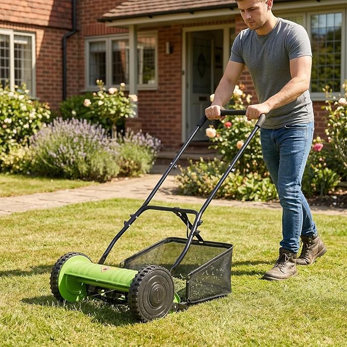 FDW 15-Inch Manual Push Reel Lawn Mower with 5 Steel Blades, Adjustable Cutting Height & Grass Catcher – Cordless, Eco-Friendly Yard and Garden Cleaner