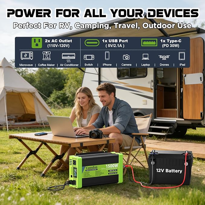 Vansdon 1500W Pure Sine Wave Inverter 12V DC to 120V AC Power Inverters for RV,Truck, Vehicles, Solar, Off-Grid, Car Power Inverter with LCD Display, 2 AC Outlet, 30W USB-C, 5V 2.1A USB, Surge 3000W