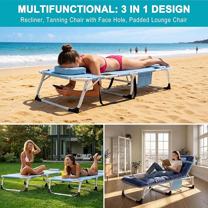 ABORON 3 in 1 Sun Tanning Chair, Heavy Duty Folding Chaise Lounge Chairs, Oversized with Mat/Pillow/Face Arm Hole, for Beach Pool Lawn Yard Patio