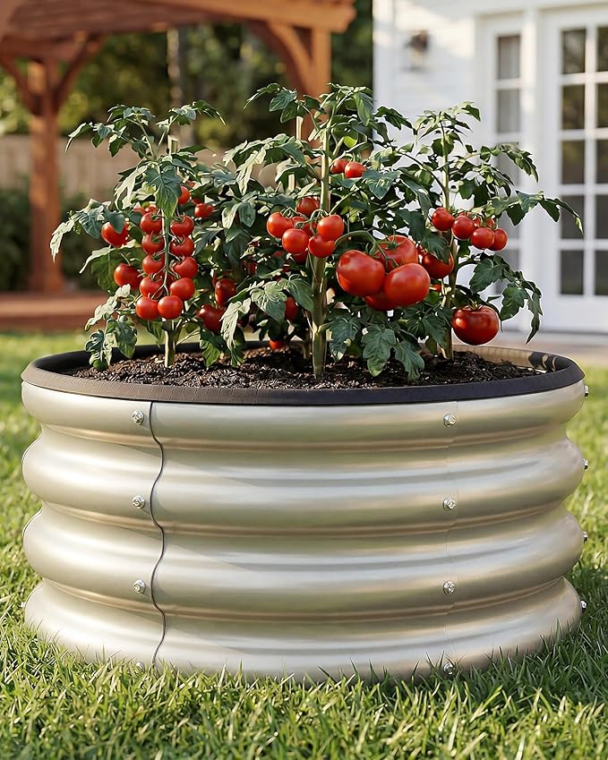 2 x 2 x 1 ft Round Raised Garden Bed, White 2 Pack 12 in Deep Galvanized Steel Planter Box with Safety Edge Trim for Vegetables Flowers Herbs Backyard Patio Outdoor Garden