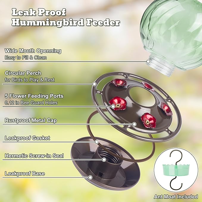 Auslar 26 Ounces Hummingbird Feeder, Hummingbird Feeders for Outdoors Hanging, Ant Moat and 5 Flower Feeding Ports, Fade Proof, Rustproof, Leakproof, Netted Flower Bud Shape Bottle, Green