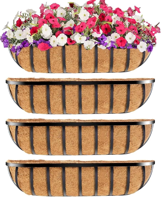 Y&M Window Planter Box Iron Deck Planters – Heavy Duty Steel Flower Troughs with Coco Liner, Adjustable Hanging Brackets for Balcony, Patio, Porch & Garden-30in 4Pcs