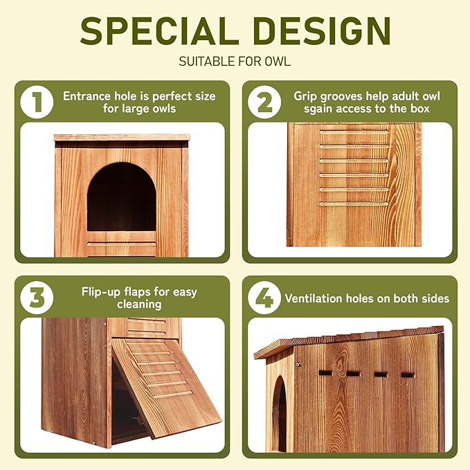 Screech Barred Owl House, 25" Extra Large Owl Bird Box Handmade Wooden Circular Opening for Outside with Mounting Screws and A Bag of Wood Shavings, Easy Assembly Required (Brown, 14"x25")
