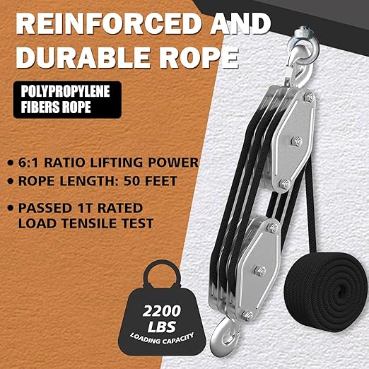 YATOINTO Rope Pulley Hoist with Bearing, 2200 LB Pulley Block and Tackle System 6:1 Power, Pulley Block 1100LB Loading Capacity, 50ft Heavy Duty Rope Hoist for Hunting Garage Warehouse Constructions