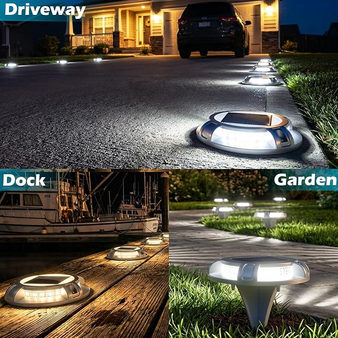 SIEDiNLAR Solar Driveway Lights Outdoor 4 Modes 40 LEDs Deck Driveway Markers Marine Dock Light Waterproof for Garden Ground Walkway Pathway Step Yard, White/Warm Dynamic Lighting (1 Pack)