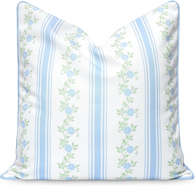 Hofdeco Premium Coastal Patio Indoor Outdoor Throw Pillow Cover Only, 20"x20" Water Repellent for Backyard, Couch, Baby Blue Print Stripe Floral