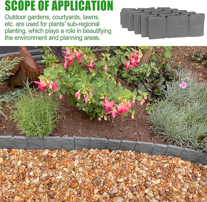 Garden Edging Border NO DIG, with Landscape Edging Anchoring Spikes, Gray Stone Effect Plastic Lawn Edging Fencing, Interlocking Yard Lawn Edging for Flower Bed | 24 Ft | 30Pcs | Gray |