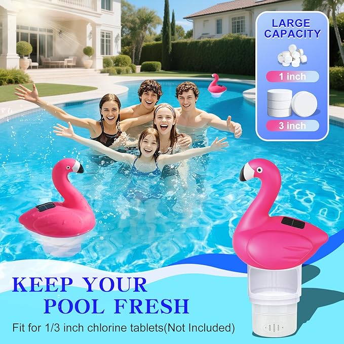 Blufree Pool Chlorine Floater, Solar Flamingo Chlorine Tablet Floater w/Adjustable Release, Glow in The Dark Large Capacity Floating Chlorines Dispenser for Pool Hot Tub Spa
