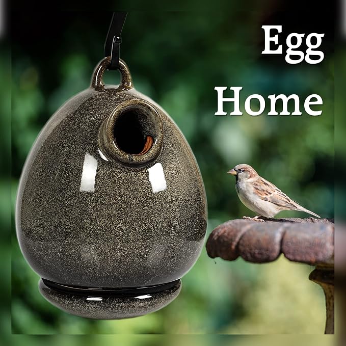 Byer of Maine Egg Bird Home for Small Songbirds, Sandy Granite, High Fired Porcelain Stoneware, Ceramic Bird House, Glaze Finish, with Forged Steel Hook