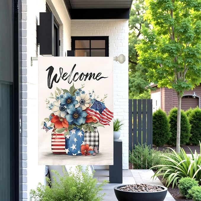 Patriotic Fourth of July House Flag Welcome Red White and Blue Mason Jar Flowers Garden Flags American Flag Floral Farmhouse Outdoor for Independence Day Memorial Day Veterans Day 28 x 40 Inch