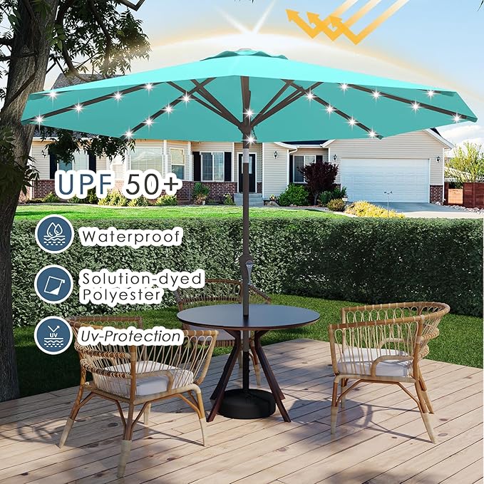 9FT Patio Umbrella with Solar Lights,Outdoor Market Umbrella with Tilt and Crank, LED Lighted Table Umbrella for Garden,Deck,Backyard,Pool,Beach