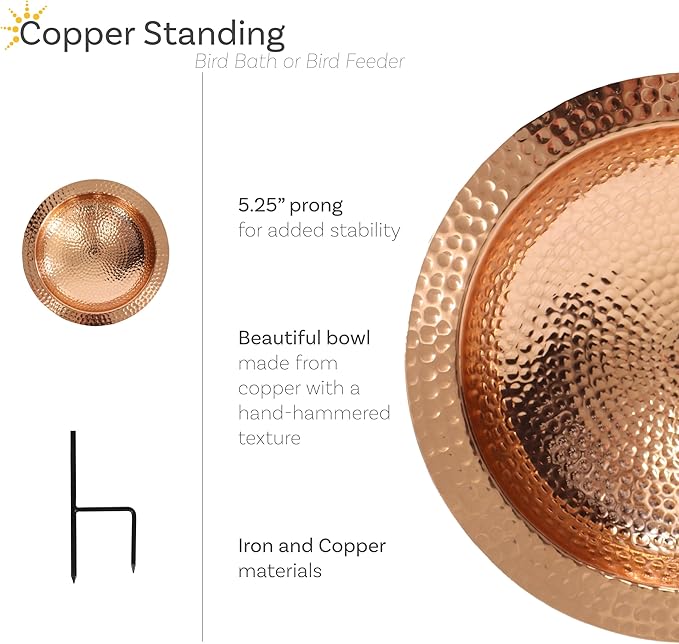 Sunnydaze Standing Copper Bird Bath or Bird Feeder - Detachable Hand-Hammered Bowl with Stake - 33” H