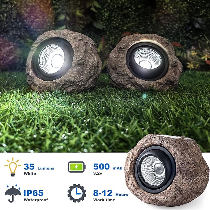 Solar Rock Lights Outdoor – 2 Pack Waterproof LED Landscape Garden Spotlights, Realistic Stone Design, Wireless Solar Powered Pathway Lights for Yard, Walkway, Patio & Lawn Decoration (Auto On/Off)