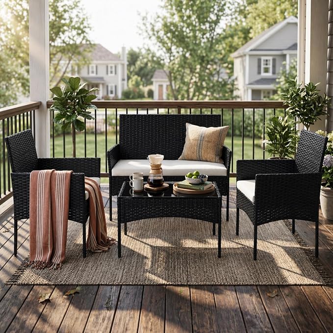 Sweetcrispy 4-Piece Patio Furniture Set, Weather-Resistant PE Rattan Wicker Outdoor Conversation Set with Tempered Glass Tabletop, Durable Outdoor Seating for Garden, Backyard, Porch, Deck, Black