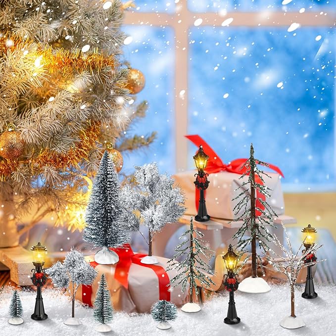Hotop 18pc Christmas Village Accessories 47.2 Inch Village Roads Mini Snowy Trees Streets Light Lamppost Hedge Figurines Set for Display Winter Holiday Decorations DIY Crafts No Batteries(Trendy)