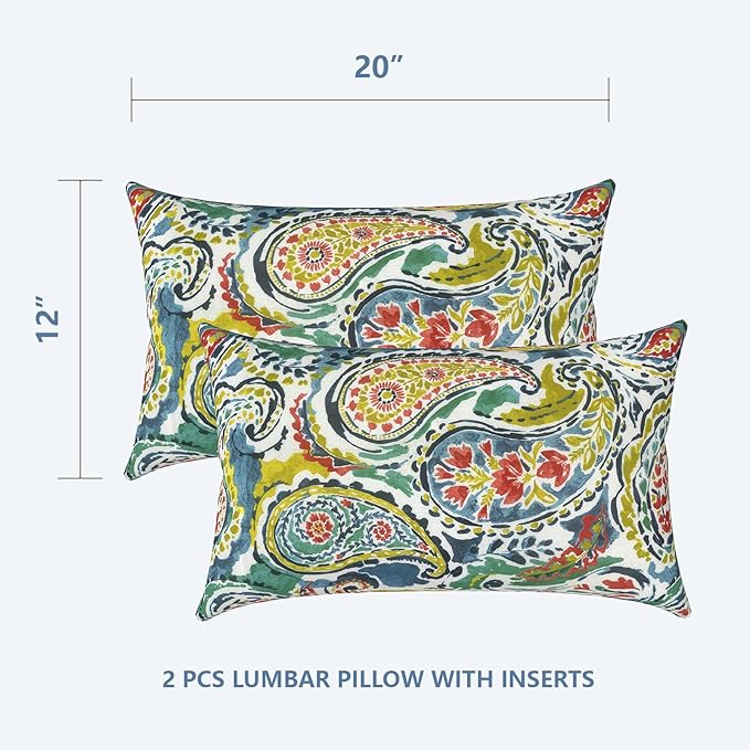 LVTLVTXIII 12×20 Inch Outdoor Lumbar Pillows, Pack of 2 Water Repellent Lumbar Pillow with Inserts, Fluffy Decorative Garden Lumbar Cushions for Home Patio Coach Sofa Use, Paradise Paisley