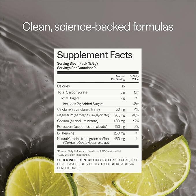 Gainful Hydration + Caffeine Packets with Key Electrolytes Magnesium & Sodium + L Theanine, Low Sugar Drink Mix, Lemon Lime, 21 Sticks