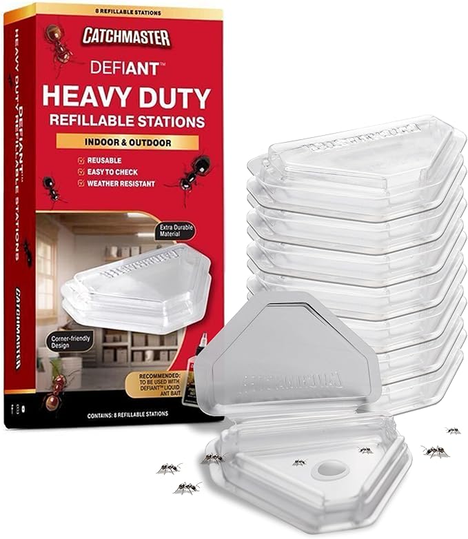 Catchmaster DEFIANT Reusable Heavy Duty Ant Traps Indoor & Outdoor Refill (8 Pack) – Effective Liquid Ant Killer – Bait NOT Included – Multi-Surface, No Mess, Discreet Bait Stations for Pest Control