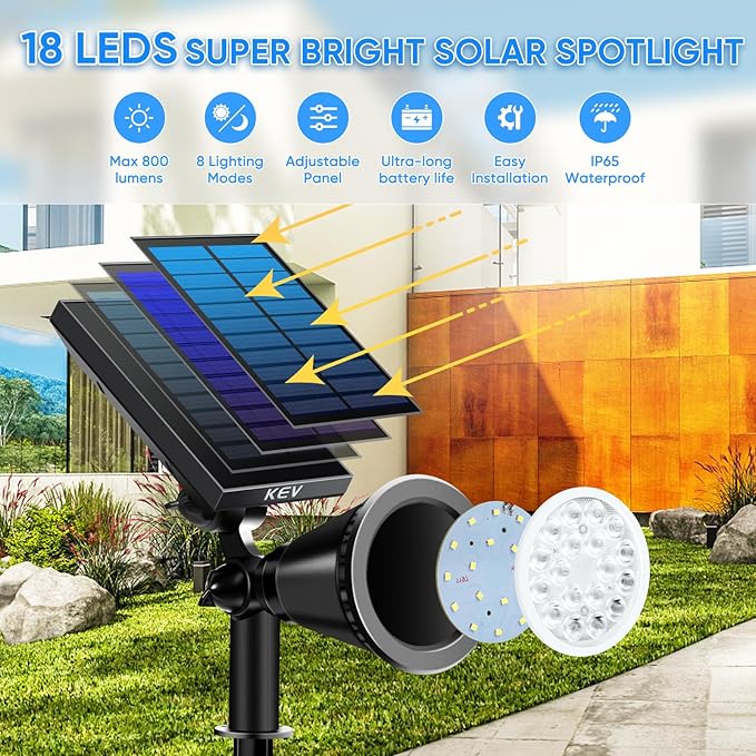 KEV Solar Spot Lights Outdoor,18 LEDs Solar Flood Lights with 2 Modes &Adjustable &IPX65 Waterproof,Solar Spotlight for Driveway/Backyard/Patio Landscape/Tree/Garage(Cool White, 1 Pack)