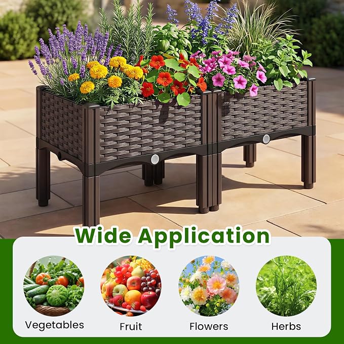 4Pcs Plastic Raised Garden Bed,62.4"×15.6"×14.4" Elevated Wicker Planter Box with Self-Watering System, Plants Garden Boxes with Legs for Growing Fresh Vegetables,Fruit,Flowers and Herbs