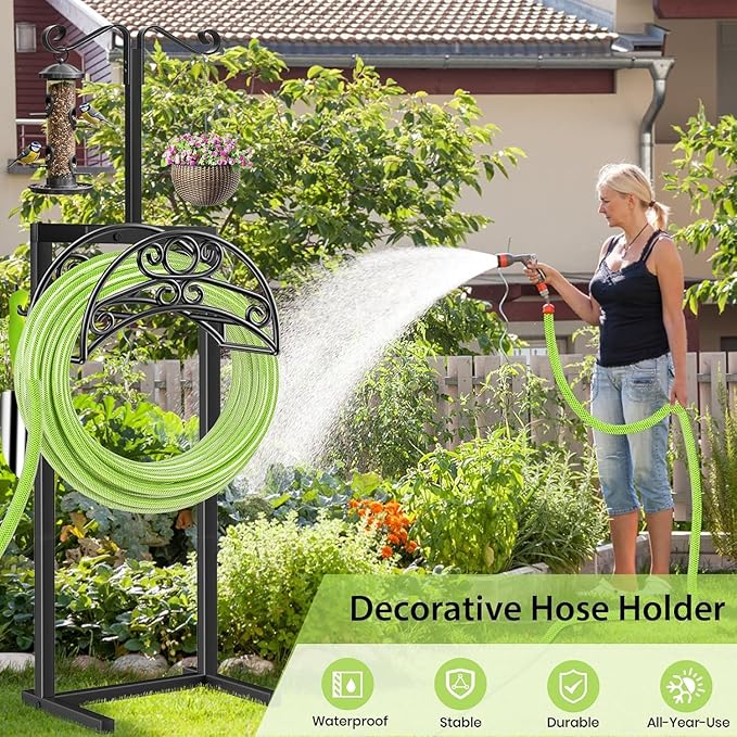 TomCare Garden Hose Holder with 2 Shepherds Hooks Upgraded Heavy Duty Water Hose Holder Holds 160 FT Hoses Freestanding Hose Reel with 2 Tool Hooks Outdoor Hoses Storage Hanger for Outside Yard, Black