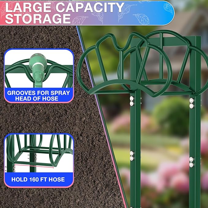 Qatsrin New Garden Hose Holder, Super Stable Water Hose Holders Stand Holds 160-Feet Hose, Rustproof Freestanding Hose Storage Hanger Rack for Outside Yard Lawn Farm, Green