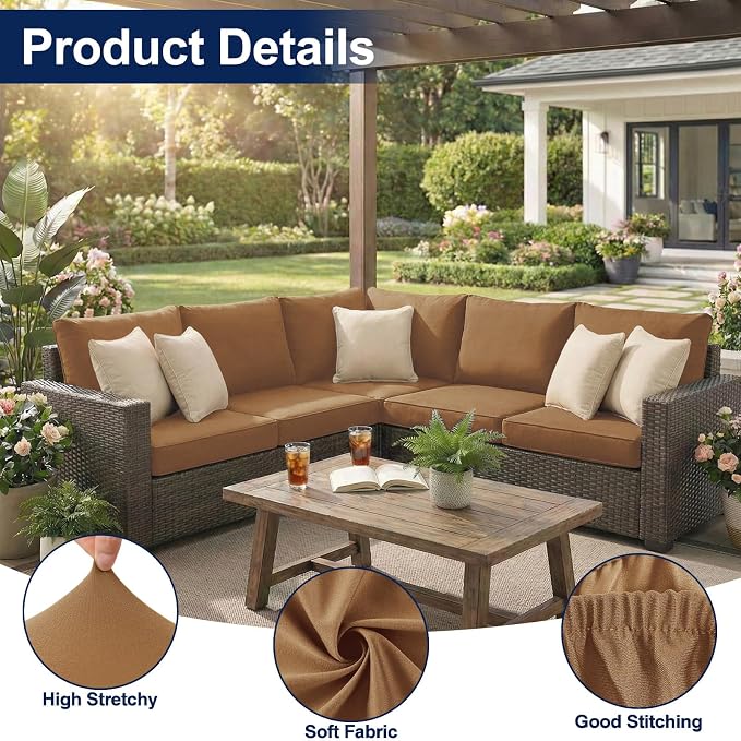 Smiry Waterproof Patio Cushion Covers, Stretch Outdoor Couch Slipcovers Replacement Washable Furniture Protector Sofa Chair Seat Cover for Dogs and Pets (4 Pcs, Camel)