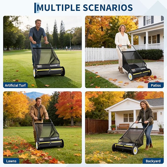 Efficient 21-Inch Push Lawn Sweeper – Thickened Steel Frame, 4 Spinning Brushes, Strong Rubber Wheels, Large 3.5 Cu.Ft Pusher, Manual Leaf & Grass Collector – Black with Yellow Hubcaps and Crossbar