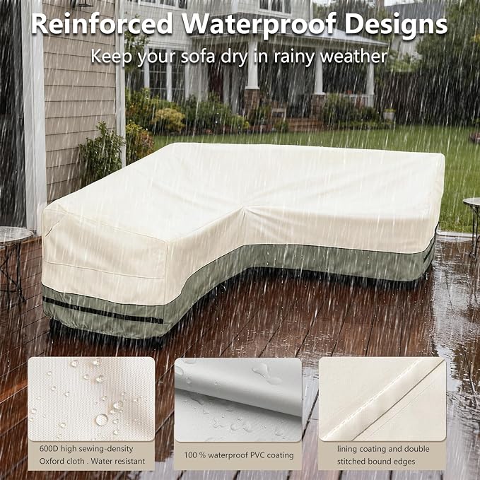 okcool Outdoor Sectional Cover,V Shaped Patio Furniture Covers for 5-Seater Outdoor Sectional Furniture Couch 85"(85''L) x 33.5''D x 31''H,White&Grayish Green