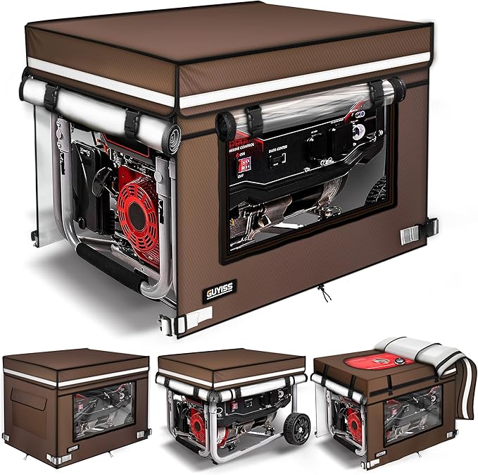 Running Generator Cover. 32"L×24"W×24"H Generator Cover, Top Can Be Opened for Refueling, 900D+210D Heavy Duty Waterproof, PVC Transparent Visual Operation Window, Coffee