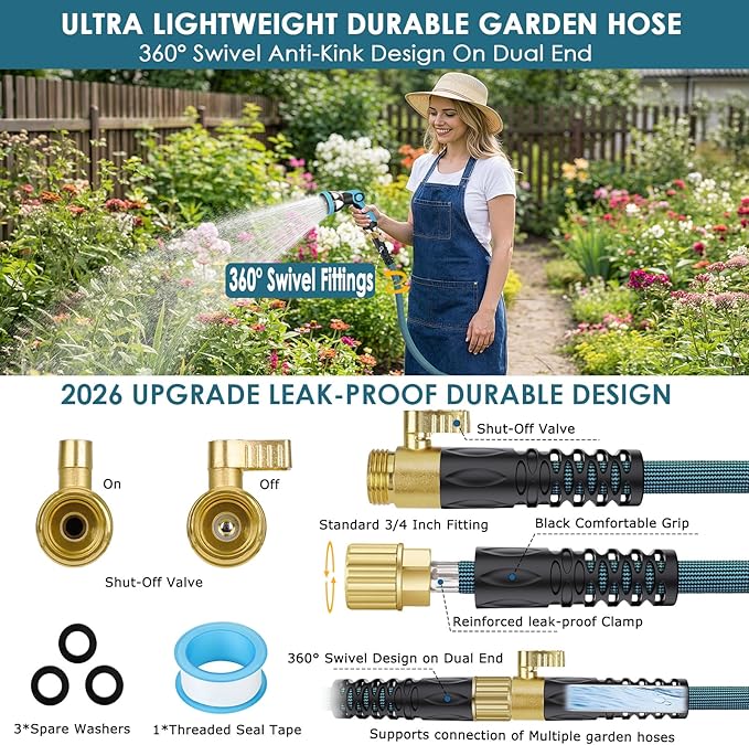 FlexiSolve Garden Hose 75 ft, Non-Expandable Lightweight Water Hose, 360° Swivel Anti-Kink Fittings, 10-Pattern Spray Nozzle & Shut-Off Valve, Flexible Water Hose for Yard, Lawn, Car Wash, Blue