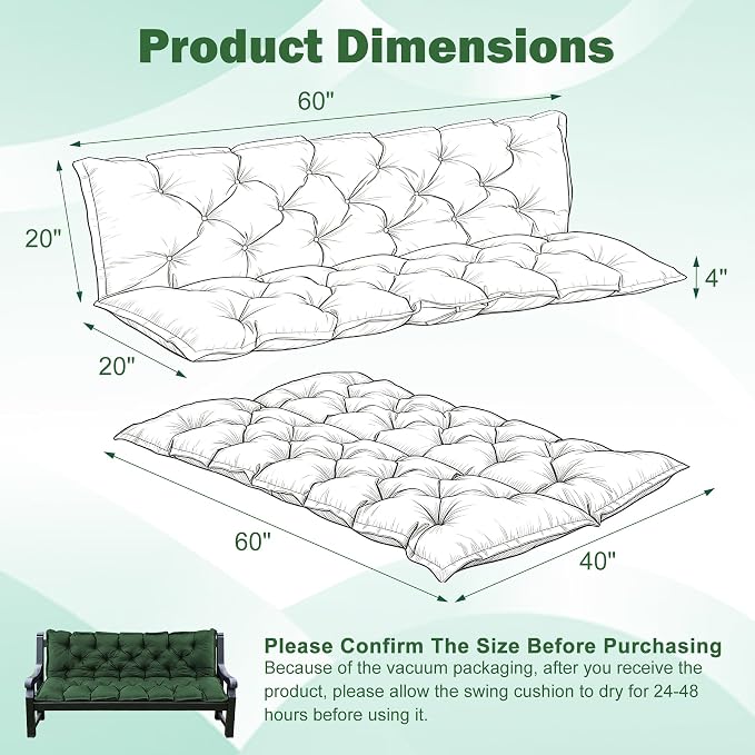 Porch Swing Cushions, 60x40 Inch Swing Cushions for Outdoor Furniture, Waterproof 3 Seater Patio Seat Cushion with Backrest, Replacement Bench Cushion for Glider, Settee, Forest Green