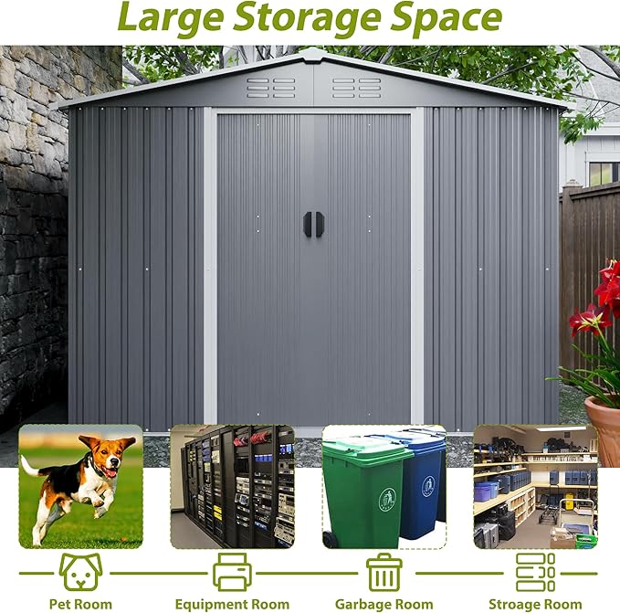 YOPTO 8X6 FT Outdoor Storage Shed with Roof,Waterproof House Tool Cabinet W/Metal Foundation & Lockable Doors,for Shovels,Umbrellas,Antennas,Escalators,Gray
