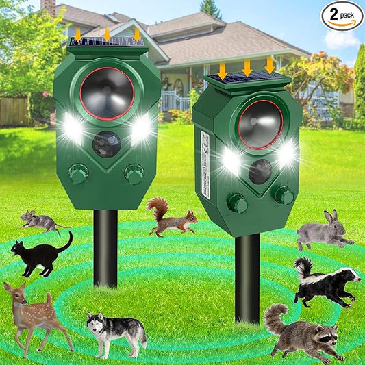 Ultrasonic Animal Repeller Outdoor,Cat Repellent & Deterrent with PIR Sensor & Flashing Light,Solar Powered Deer Repellent Device for Squirrels,Raccoons,Skunks,Rabbits,and Dog,IP65 Waterproof - 2 Pack