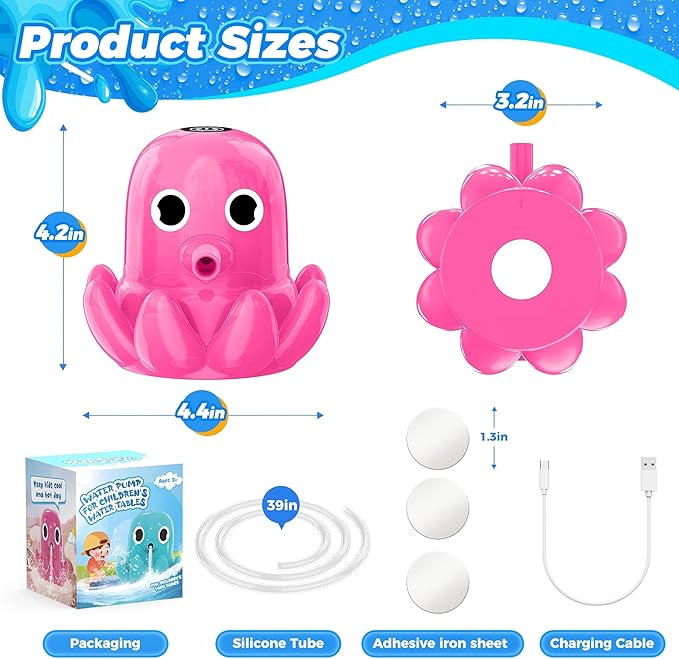 Water Table Pump, Battery Powered Continuous Water Pump for Water Table, Cordless Octopus Rechargeable Magnetic Pump, No Drill Installation, Outdoor Water Play Accessory for Kids (Pink)