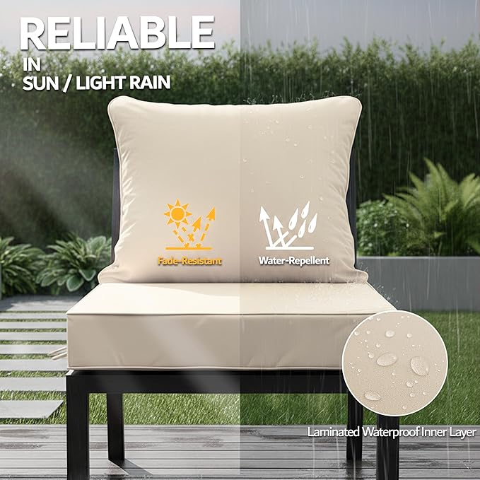 19x19 Inch Patio Chair Cushions Set of 2, Outdoor Furniture Cushions - Removable Cover, Water-Repellent, Fade-Resistant, Non-Slip Bottom & Straps, Replacement for Lawn, Porch & Deck Chair - Cream