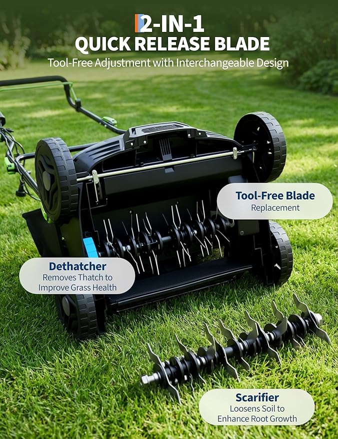 Garvee Electric Lawn Dethatcher Scarifier 15.5 Amp, 14-Inch Corded Dethatcher with 14.5 gal Collection Bag, 5-Position Depth Adjustment & 3-Height Adjustable Handle for Yard Care and Lawn Aeration