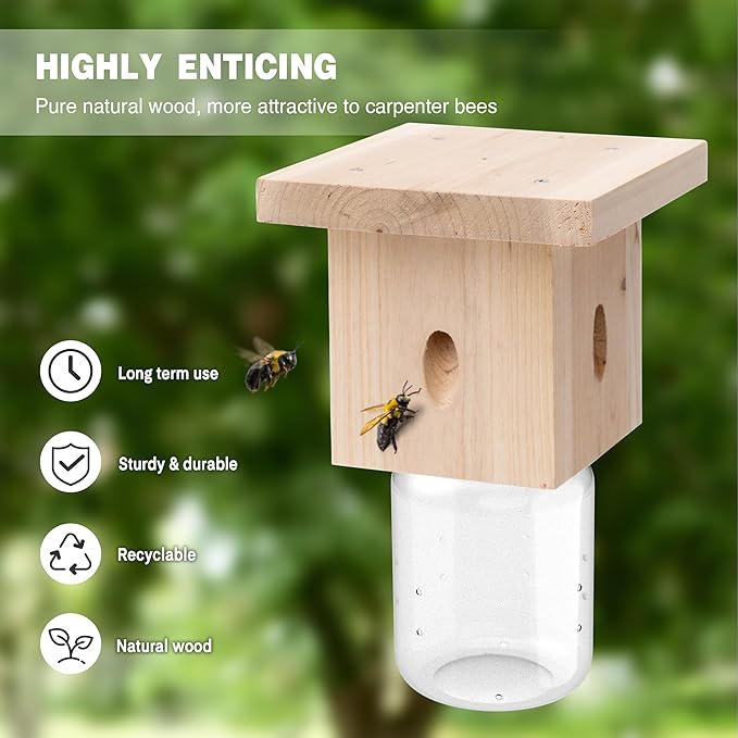 4 PCS Wood Carpenter Bee Trap for Outside - Best Bee Trap - Nature Hanging Carpenter Bee Traps Plastic Jar Outdoor - Insect Traps