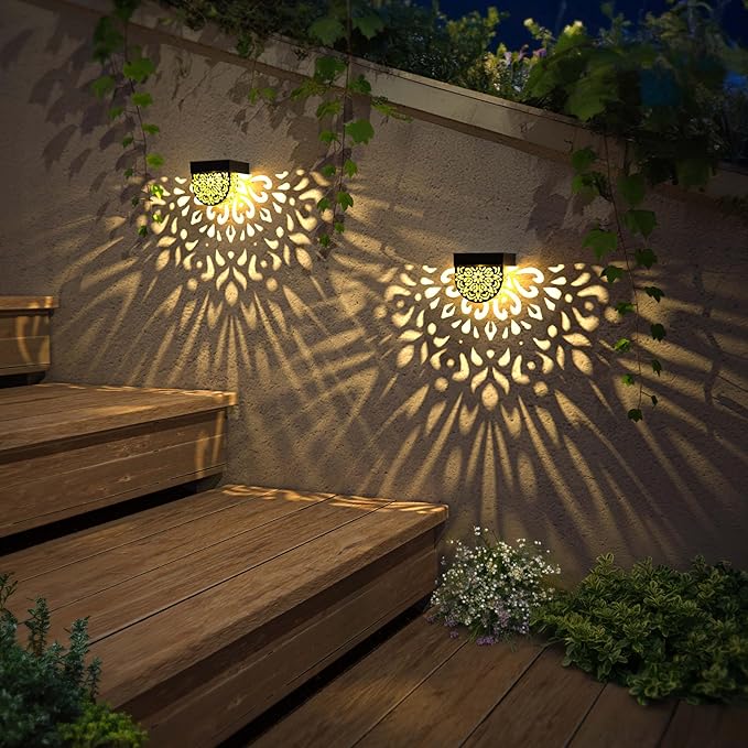 Solar Fence Lights 6 Pack Solar Deck Step Wall Lights Outdoor Waterproof LED Decorations Warm Yellow Light Decorative Lighting for Garden, Front Door, Backyard (Black 1)